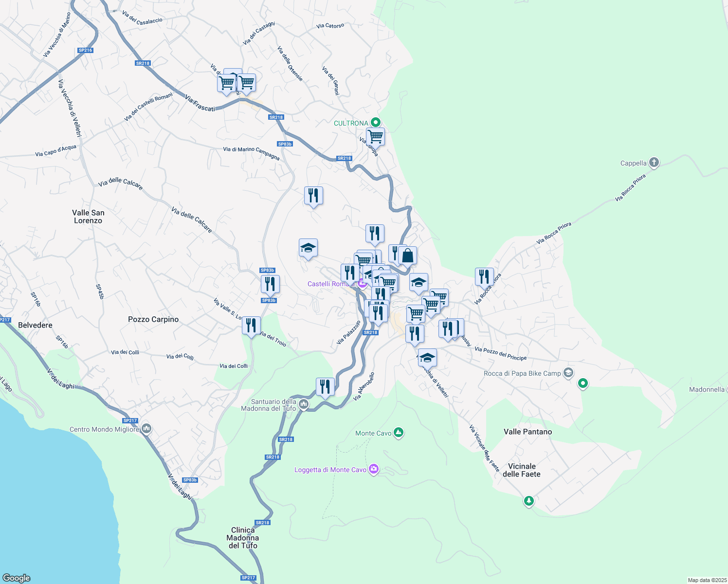 map of restaurants, bars, coffee shops, grocery stores, and more near 183 Viale Enrico Ferri in Rocca di Papa