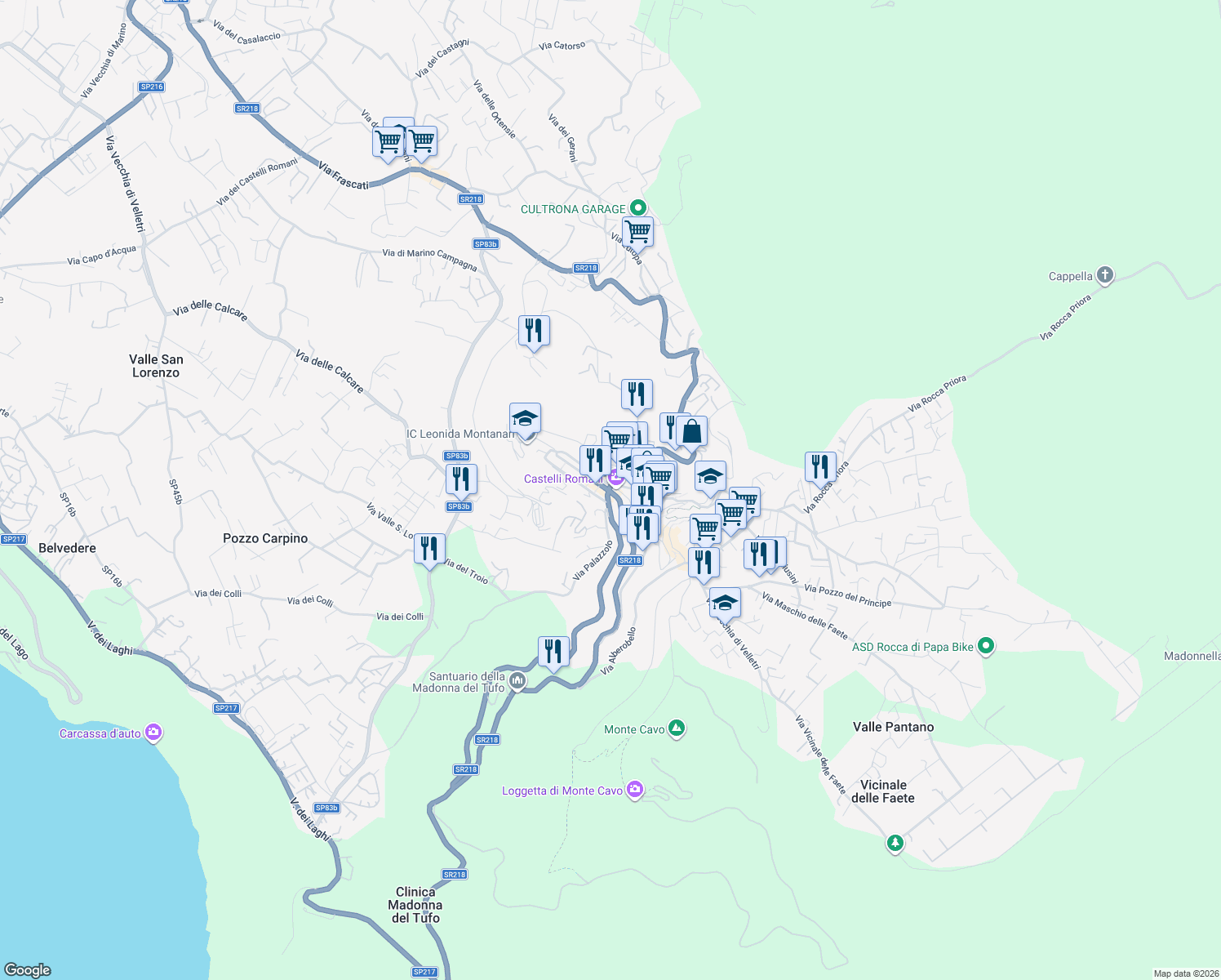 map of restaurants, bars, coffee shops, grocery stores, and more near 1 Via di Frascati in Rocca di Papa