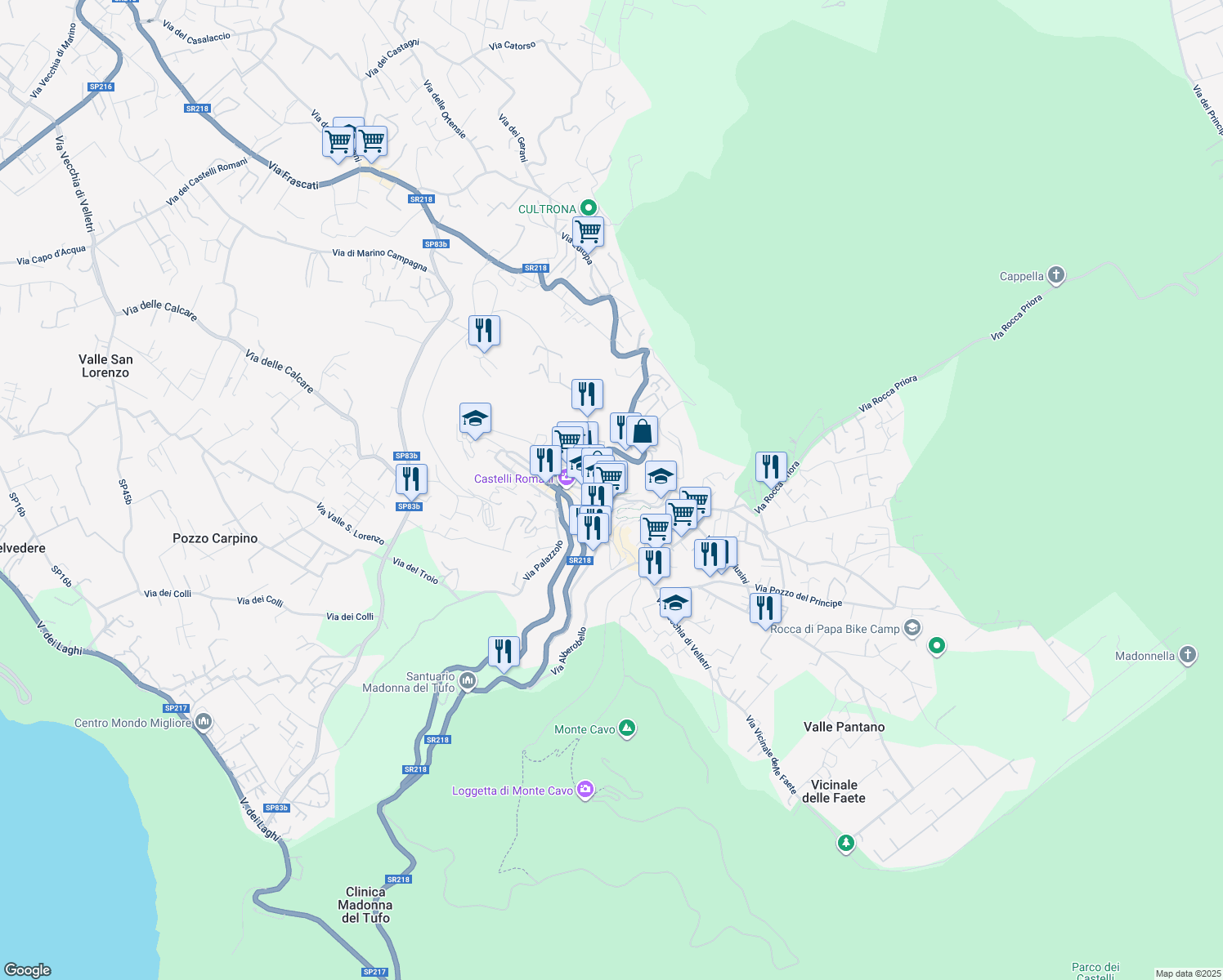 map of restaurants, bars, coffee shops, grocery stores, and more near 15 Via Campi D'Annibale in Rocca di Papa