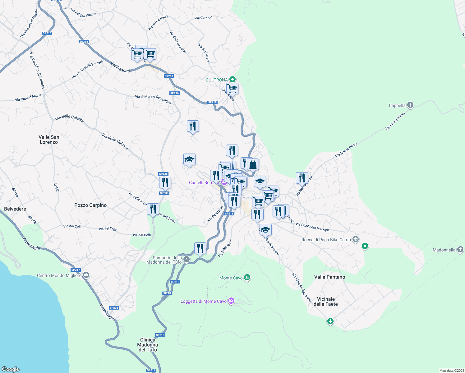 map of restaurants, bars, coffee shops, grocery stores, and more near 183 Viale Enrico Ferri in Rocca di Papa