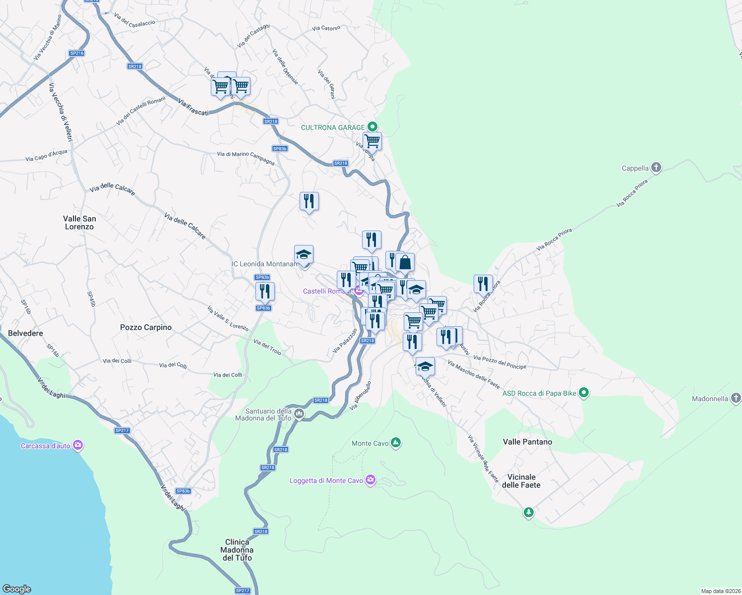 map of restaurants, bars, coffee shops, grocery stores, and more near 183 Viale Enrico Ferri in Rocca di Papa