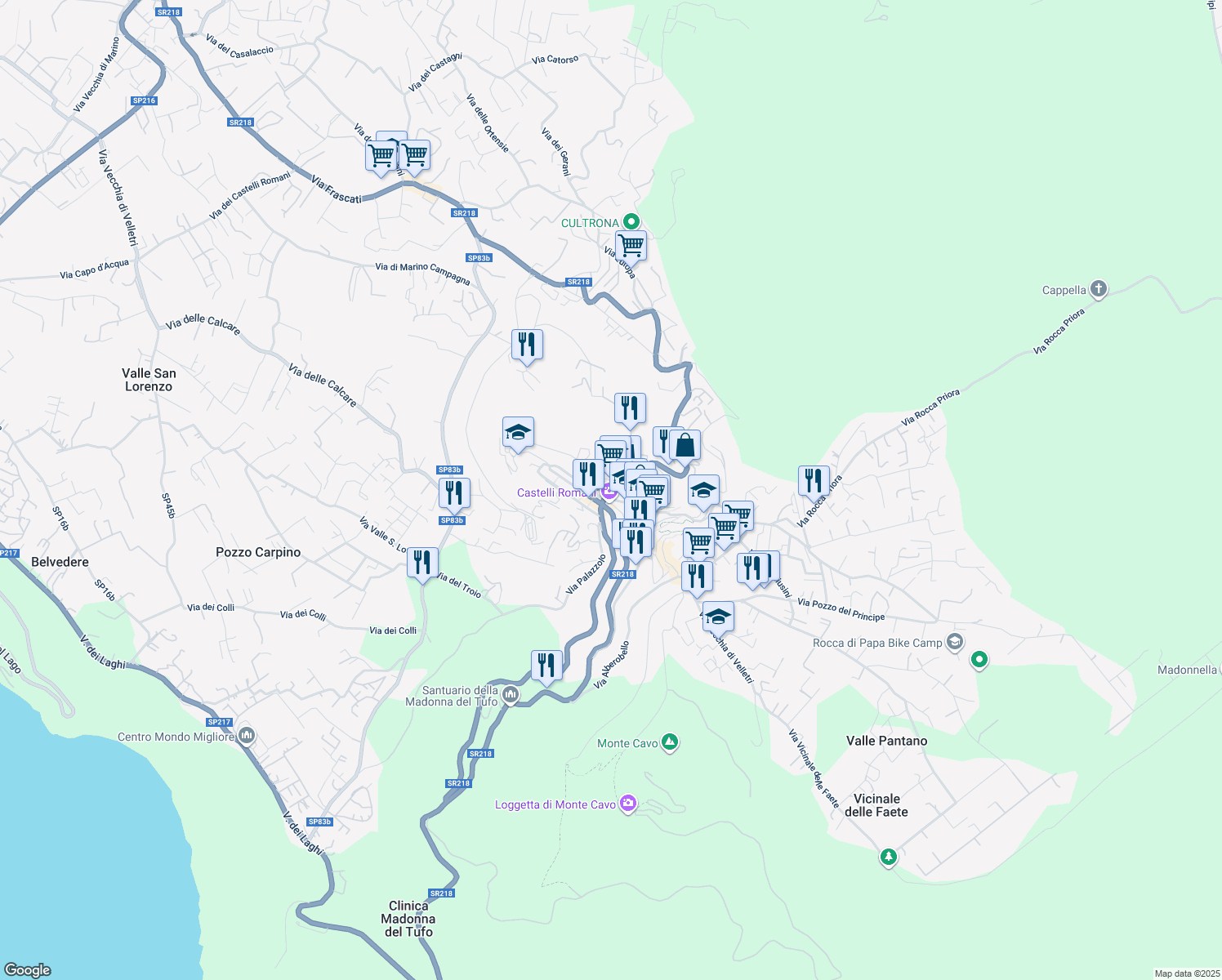 map of restaurants, bars, coffee shops, grocery stores, and more near 19A Corso Costituente in Rocca di Papa