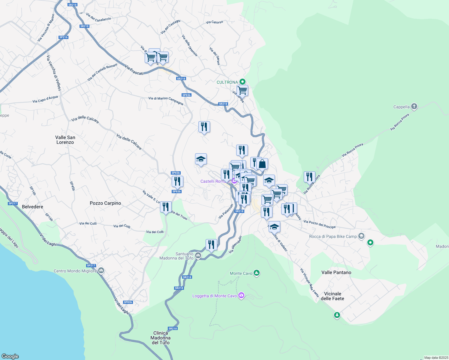 map of restaurants, bars, coffee shops, grocery stores, and more near 49 Via Frascati in Rocca di Papa