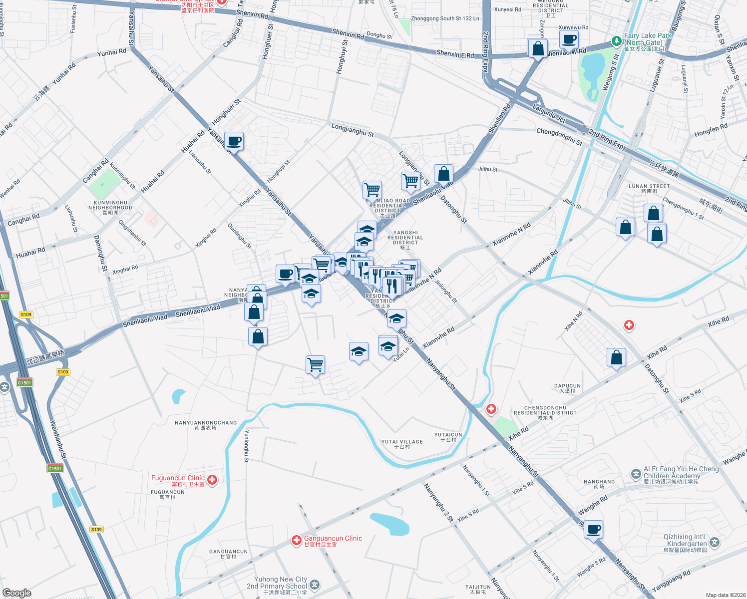 map of restaurants, bars, coffee shops, grocery stores, and more near Nanyanghu Street in Shenyang Shi