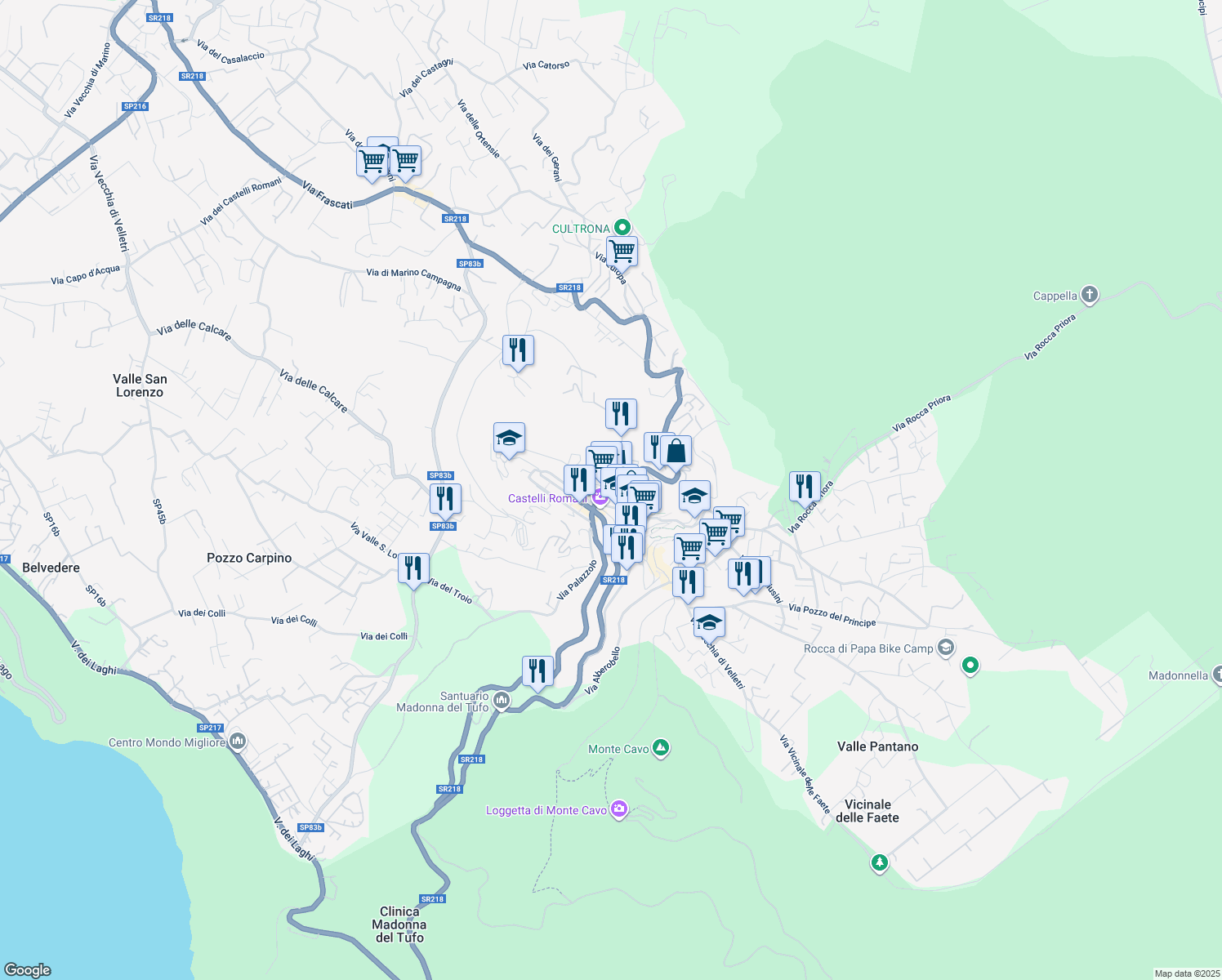 map of restaurants, bars, coffee shops, grocery stores, and more near 49 Via Frascati in Rocca di Papa