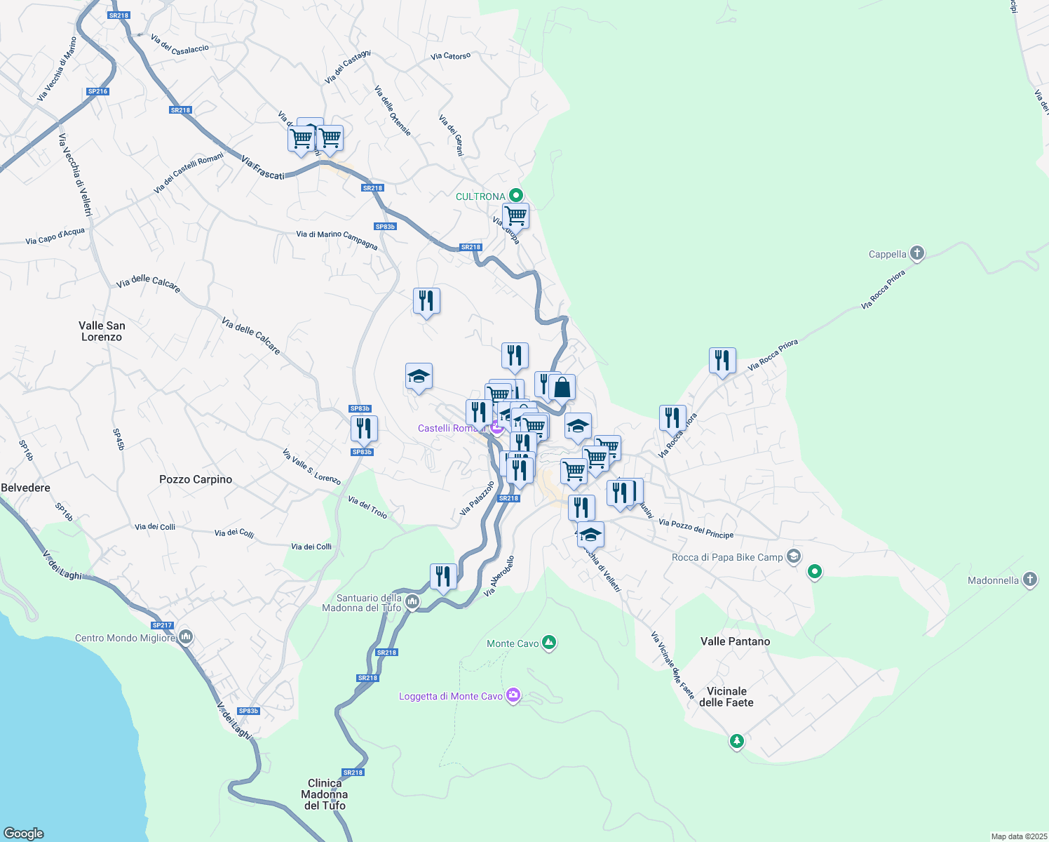 map of restaurants, bars, coffee shops, grocery stores, and more near 161 Via Frascati in Rocca di Papa