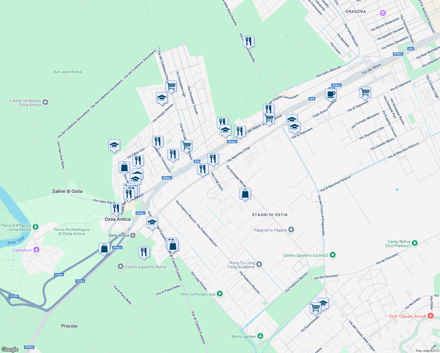 map of restaurants, bars, coffee shops, grocery stores, and more near 15 Via Padre Paolino Bufalieri in Acilia-Castel Fusano-Ostia Antica