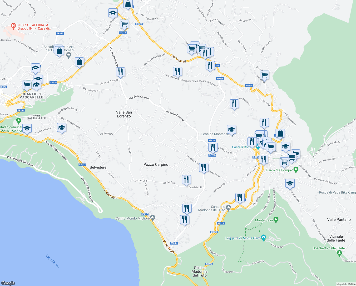 map of restaurants, bars, coffee shops, grocery stores, and more near 15 Via delle Calcare in Rocca di Papa