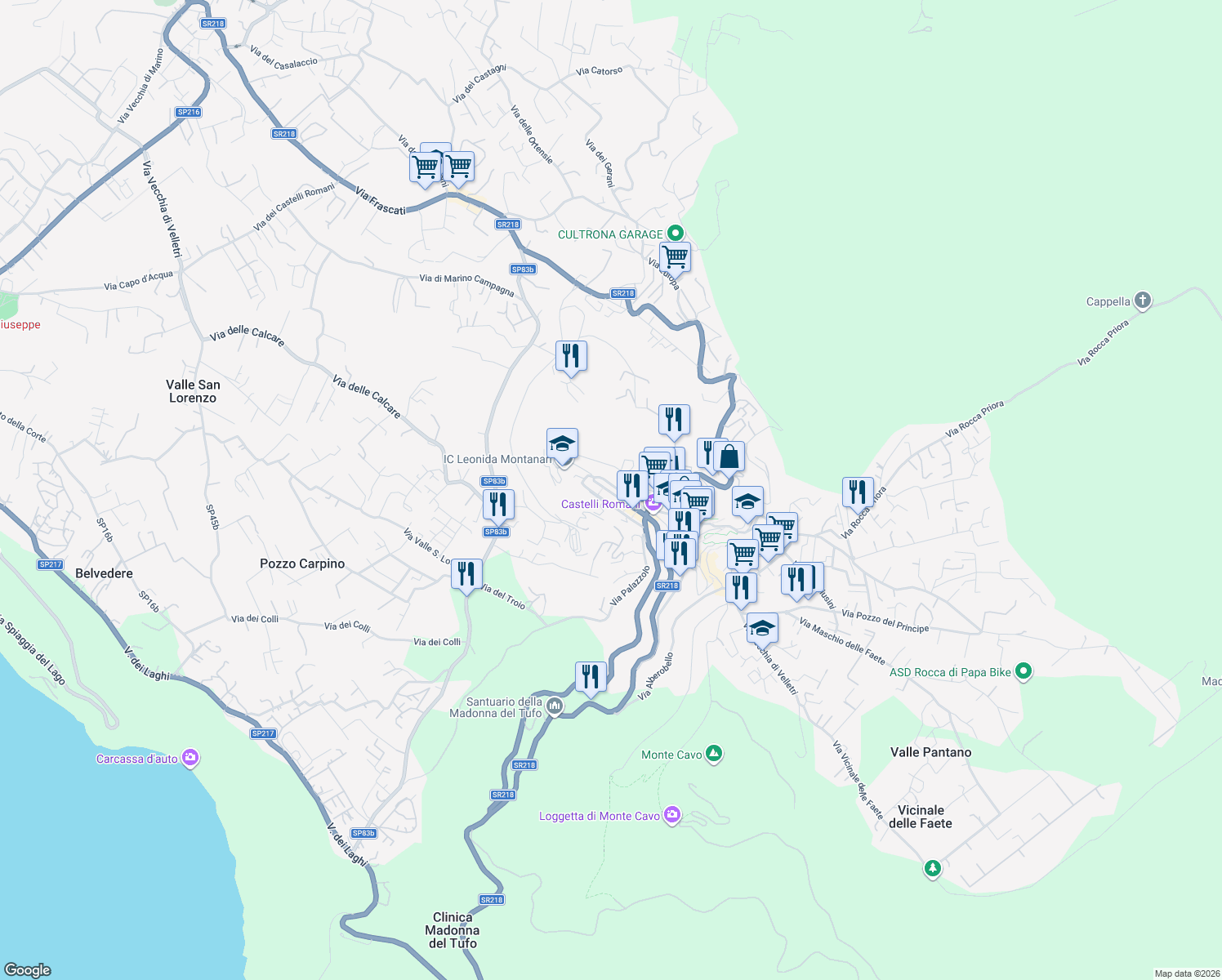 map of restaurants, bars, coffee shops, grocery stores, and more near 17 Viale Silvio Spaventa in Rocca di Papa