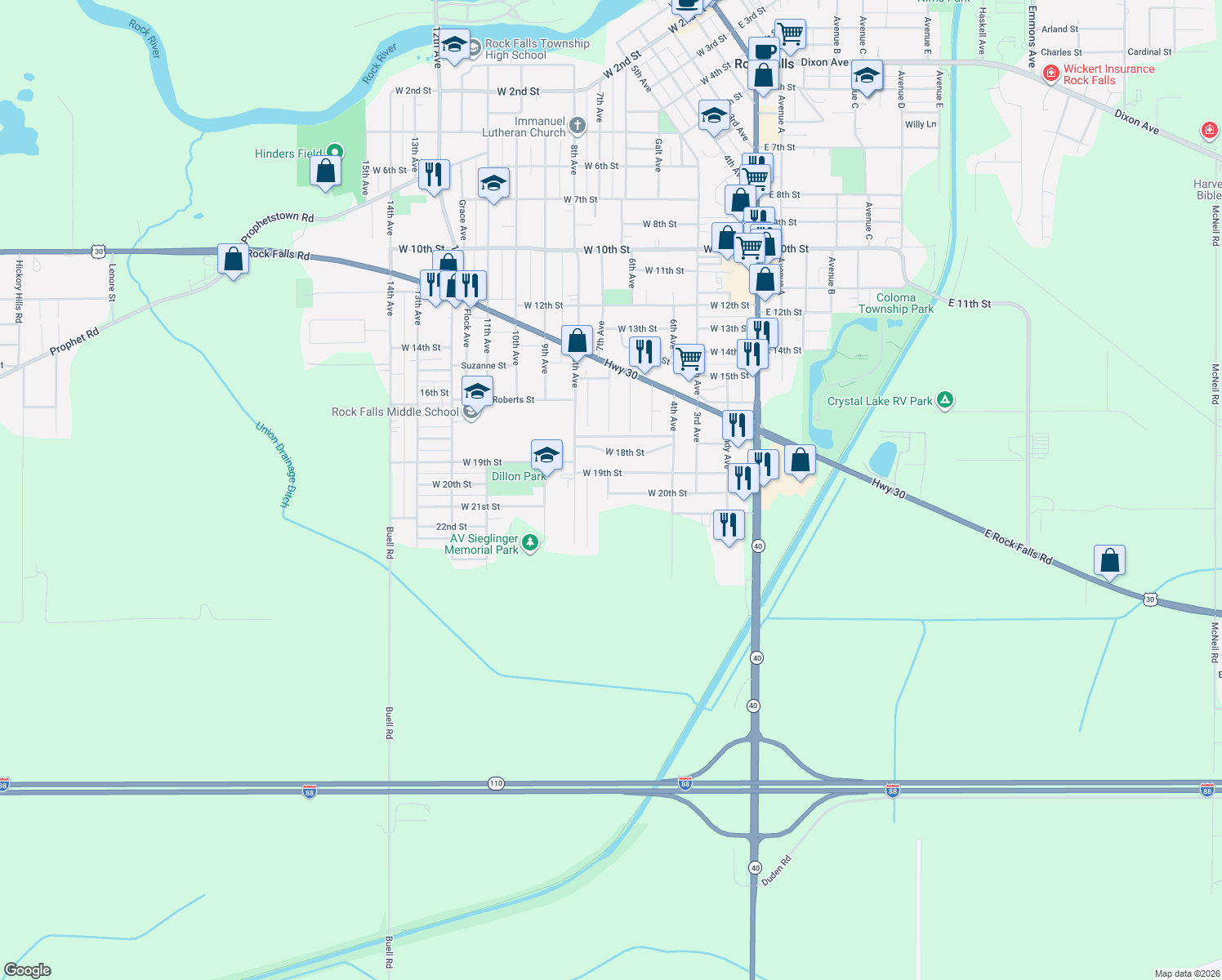 map of restaurants, bars, coffee shops, grocery stores, and more near 604 West 20th Street in Rock Falls
