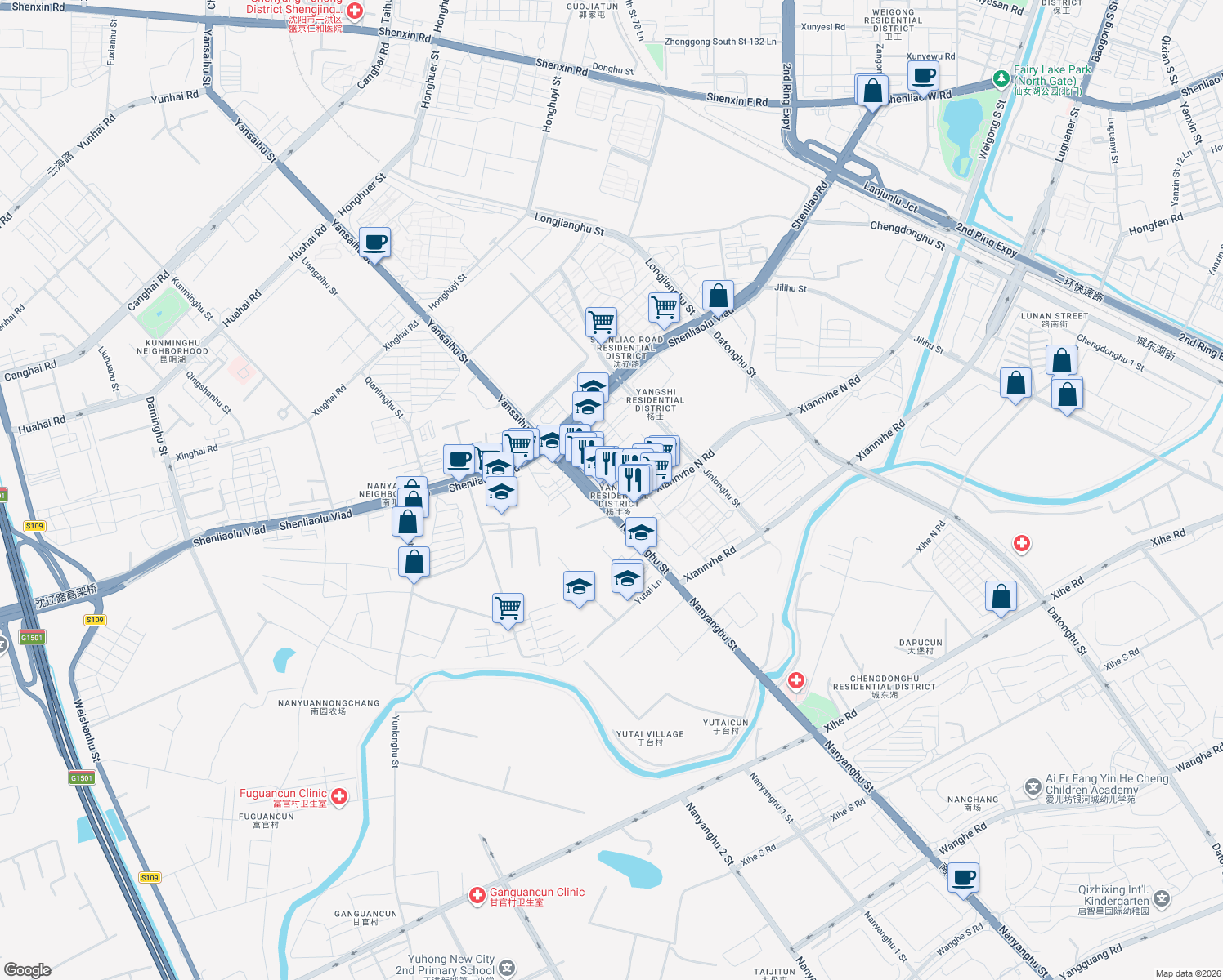 map of restaurants, bars, coffee shops, grocery stores, and more near Nanyanghu Street in Shenyang Shi