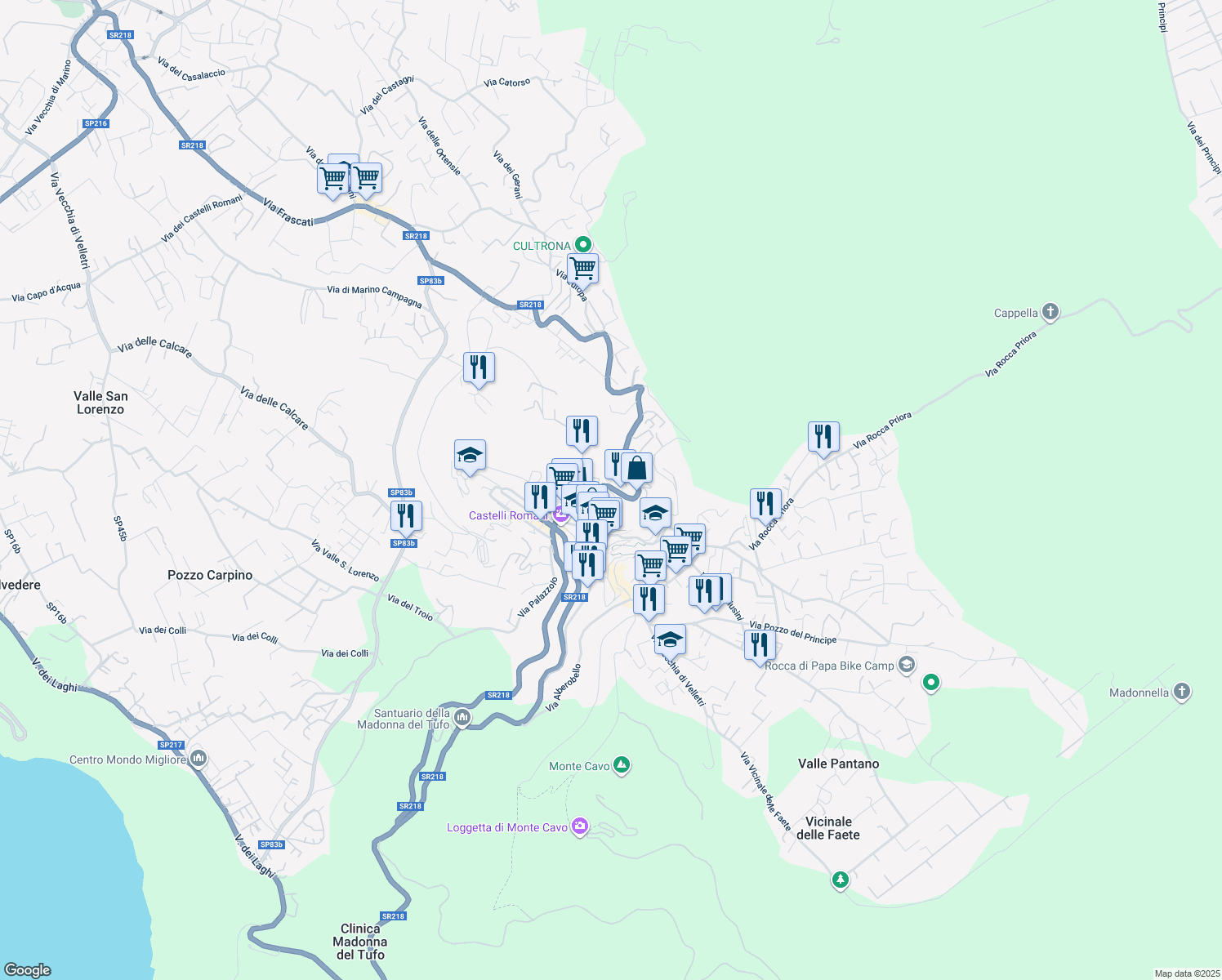 map of restaurants, bars, coffee shops, grocery stores, and more near 161 Via Frascati in Rocca di Papa
