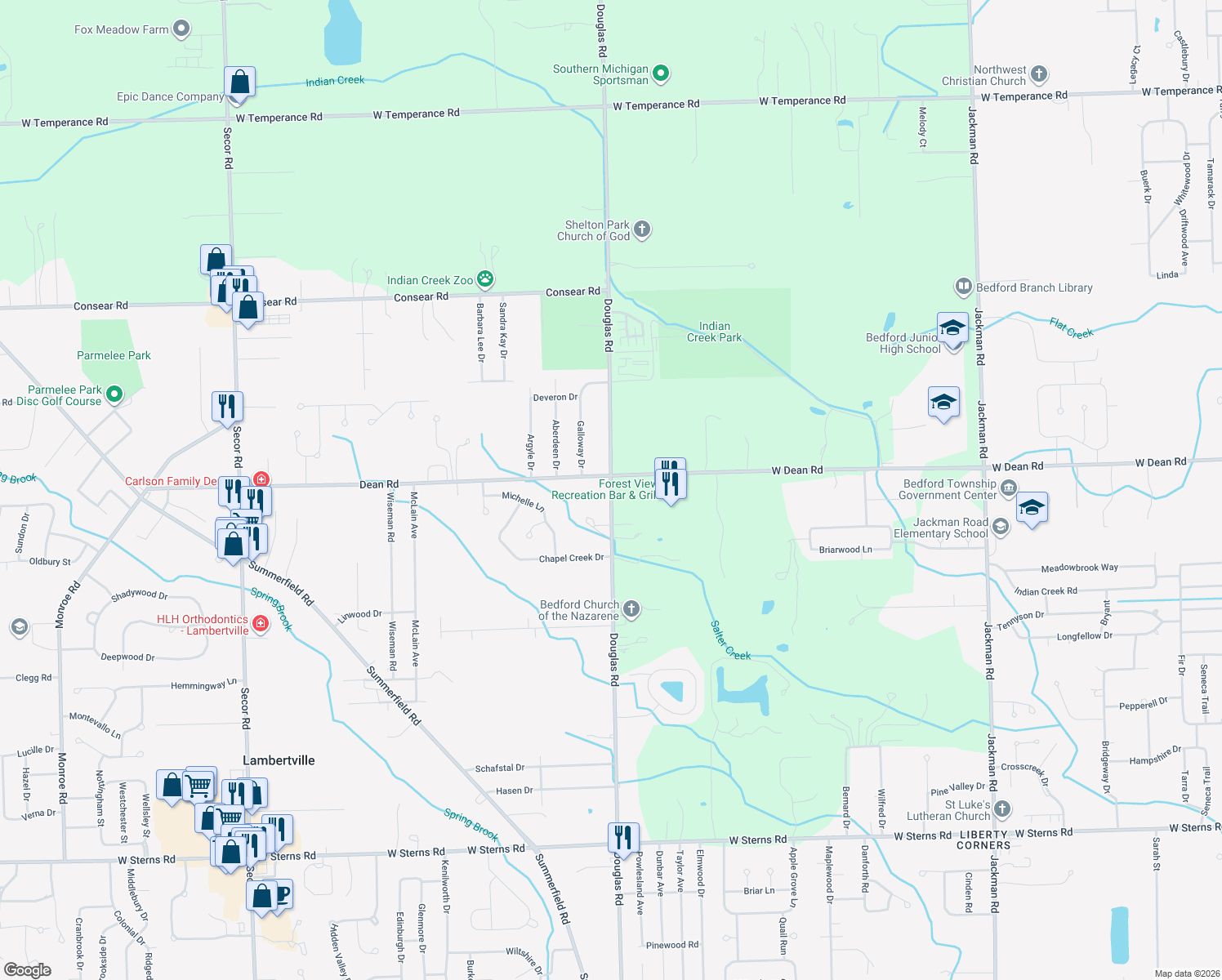 map of restaurants, bars, coffee shops, grocery stores, and more near 8165 Douglas Road in Temperance