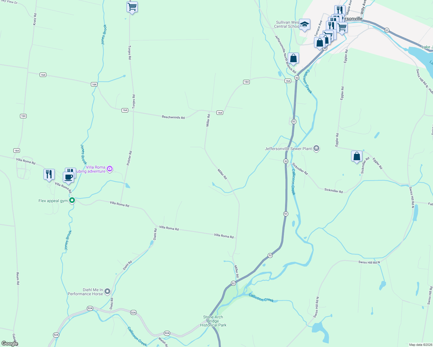 map of restaurants, bars, coffee shops, grocery stores, and more near 189 Miller Road in Callicoon