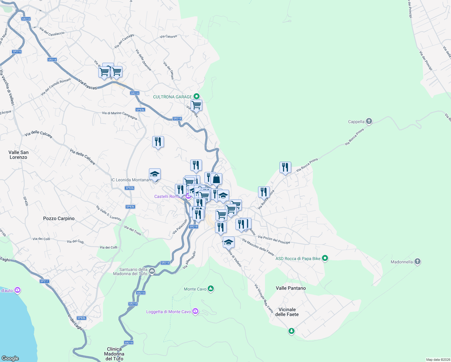 map of restaurants, bars, coffee shops, grocery stores, and more near 28 Via San Sebastiano in Rocca di Papa