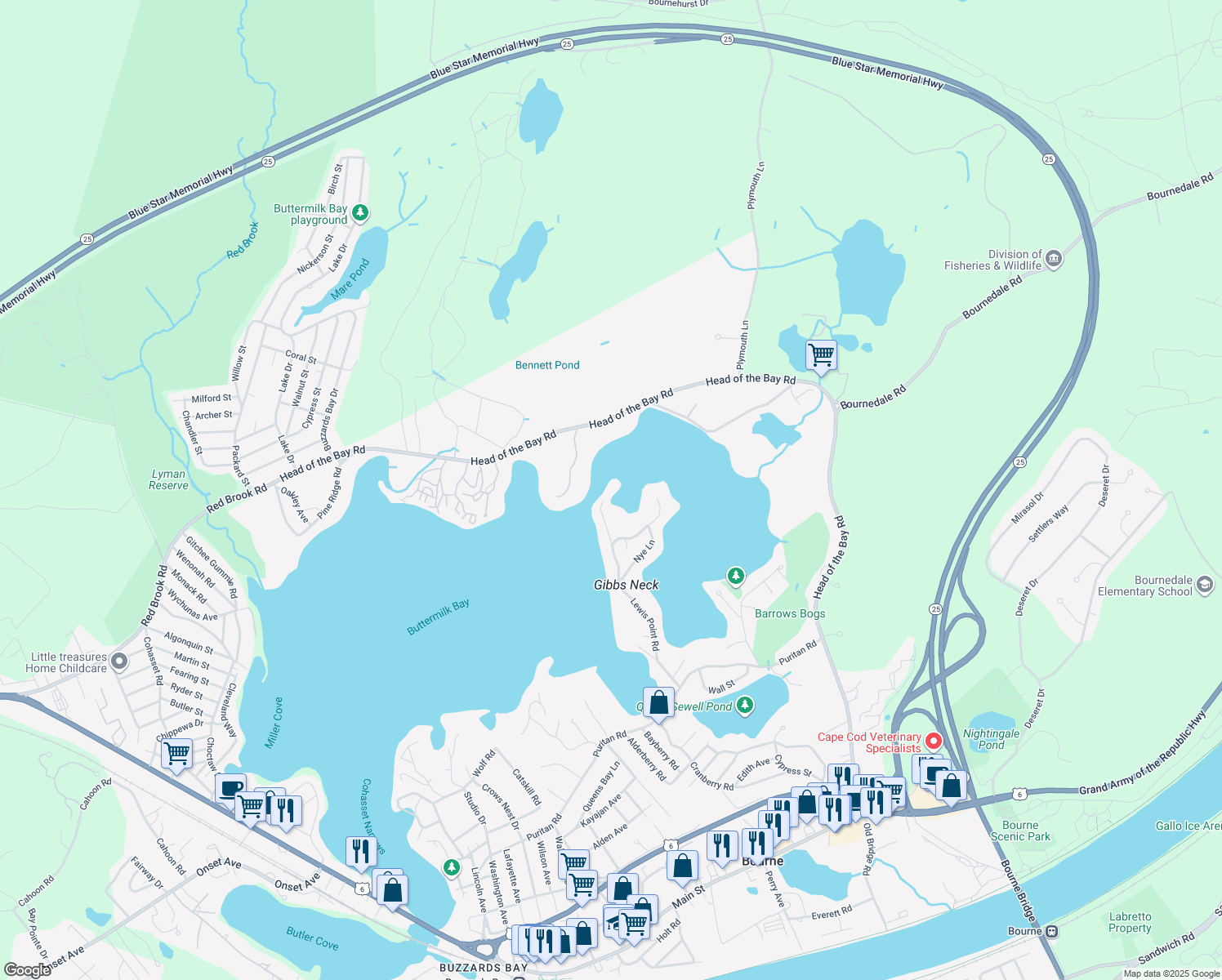 map of restaurants, bars, coffee shops, grocery stores, and more near 110 Lewis Point Road in Bourne
