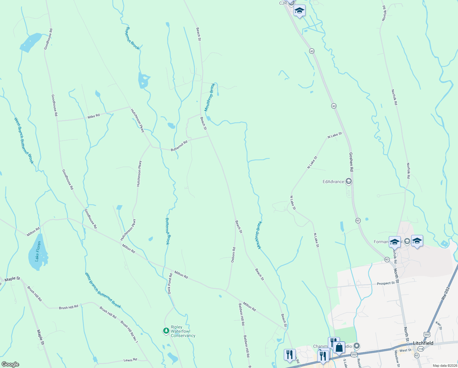 map of restaurants, bars, coffee shops, grocery stores, and more near 154 Beach Street in Litchfield