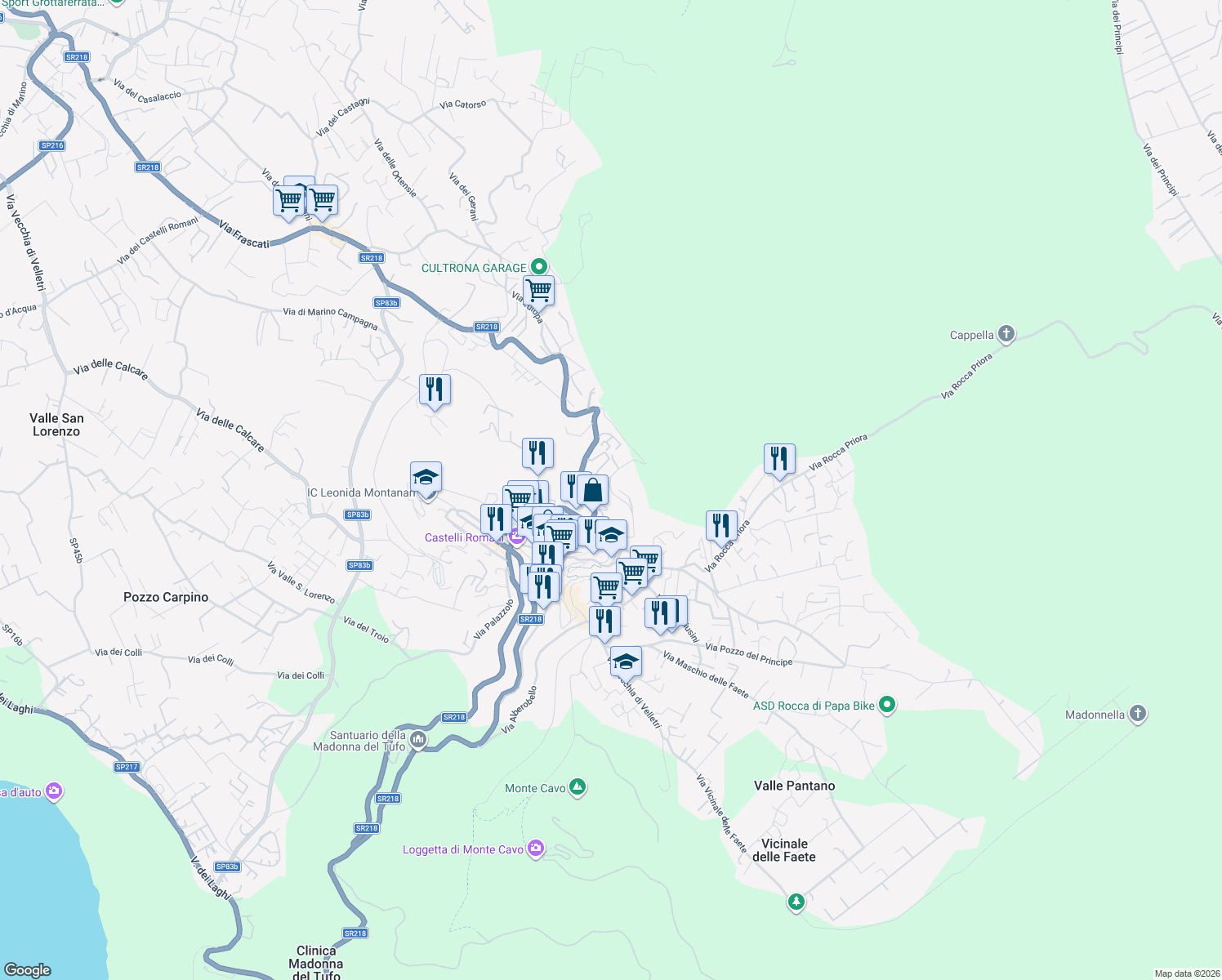 map of restaurants, bars, coffee shops, grocery stores, and more near 28 Via San Sebastiano in Rocca di Papa