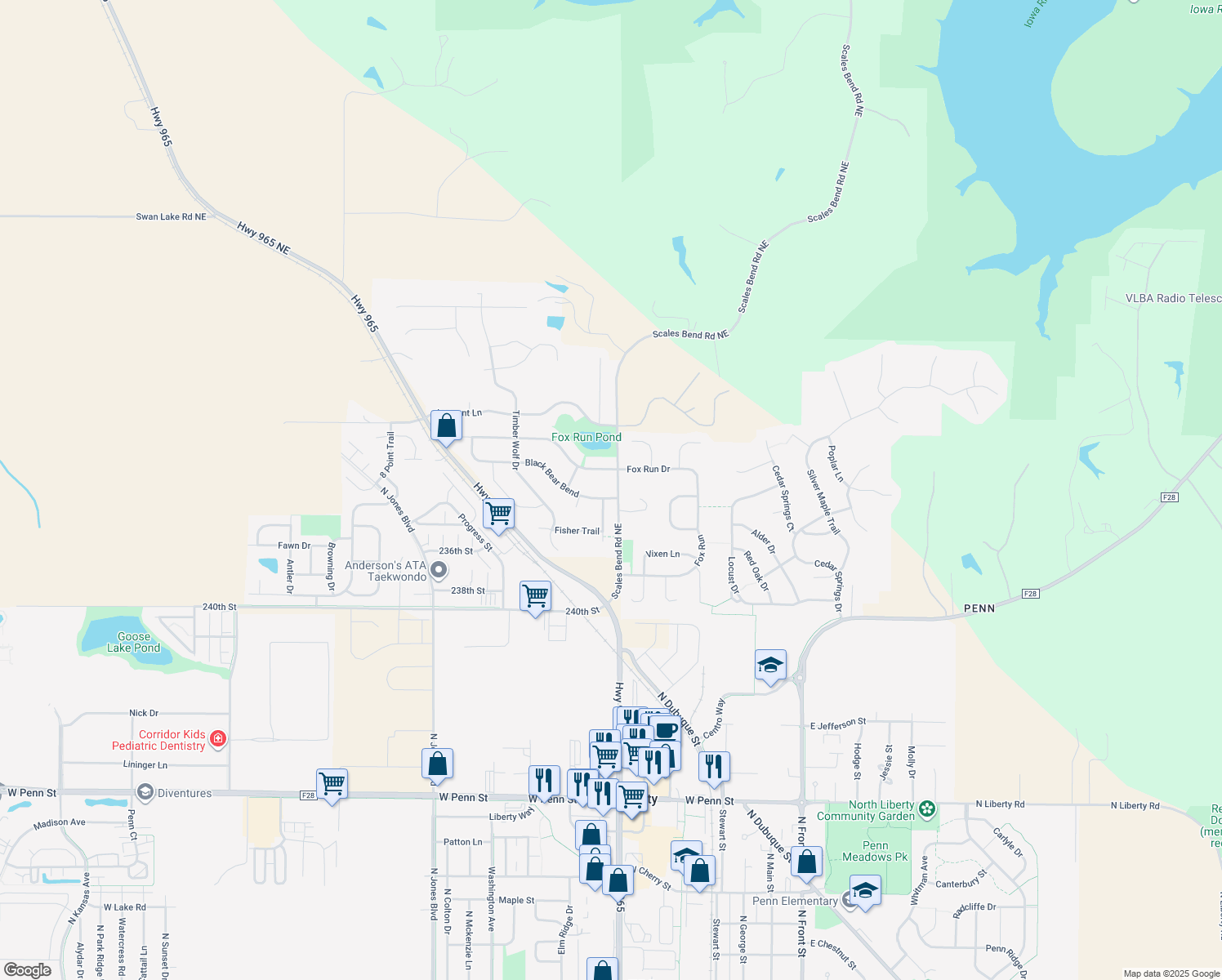 map of restaurants, bars, coffee shops, grocery stores, and more near 605 Black Bear Bend in North Liberty