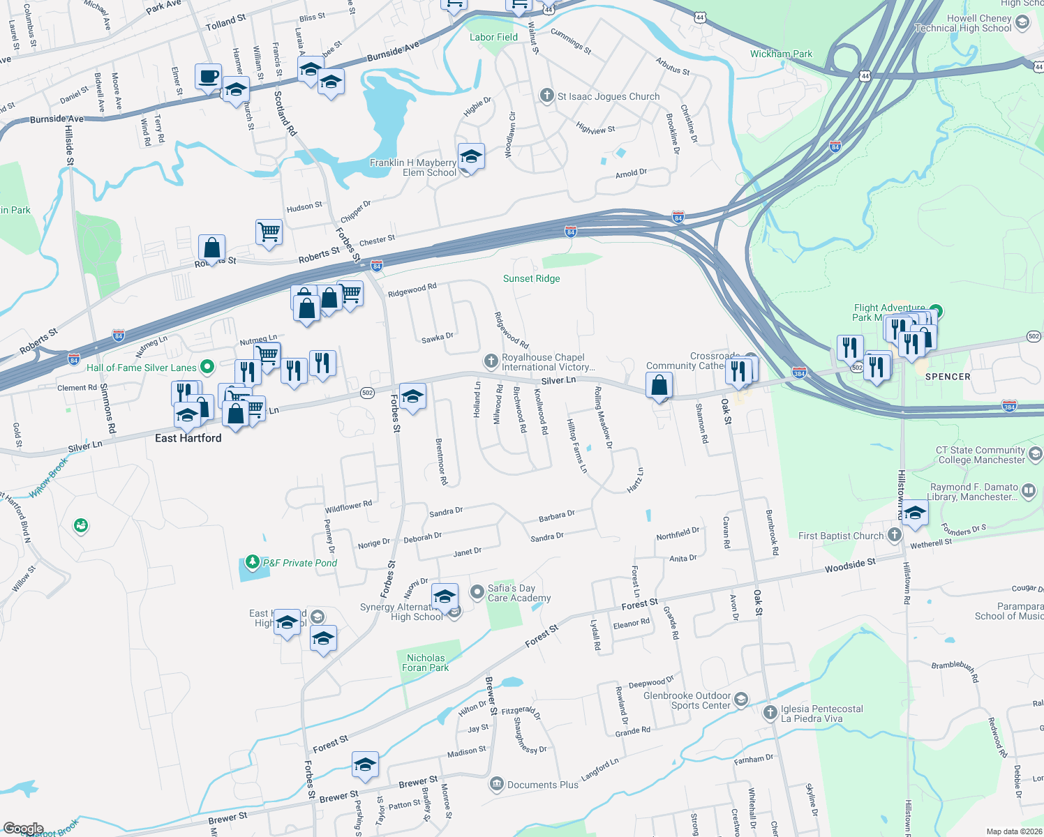 map of restaurants, bars, coffee shops, grocery stores, and more near 49 Birchwood Road in East Hartford