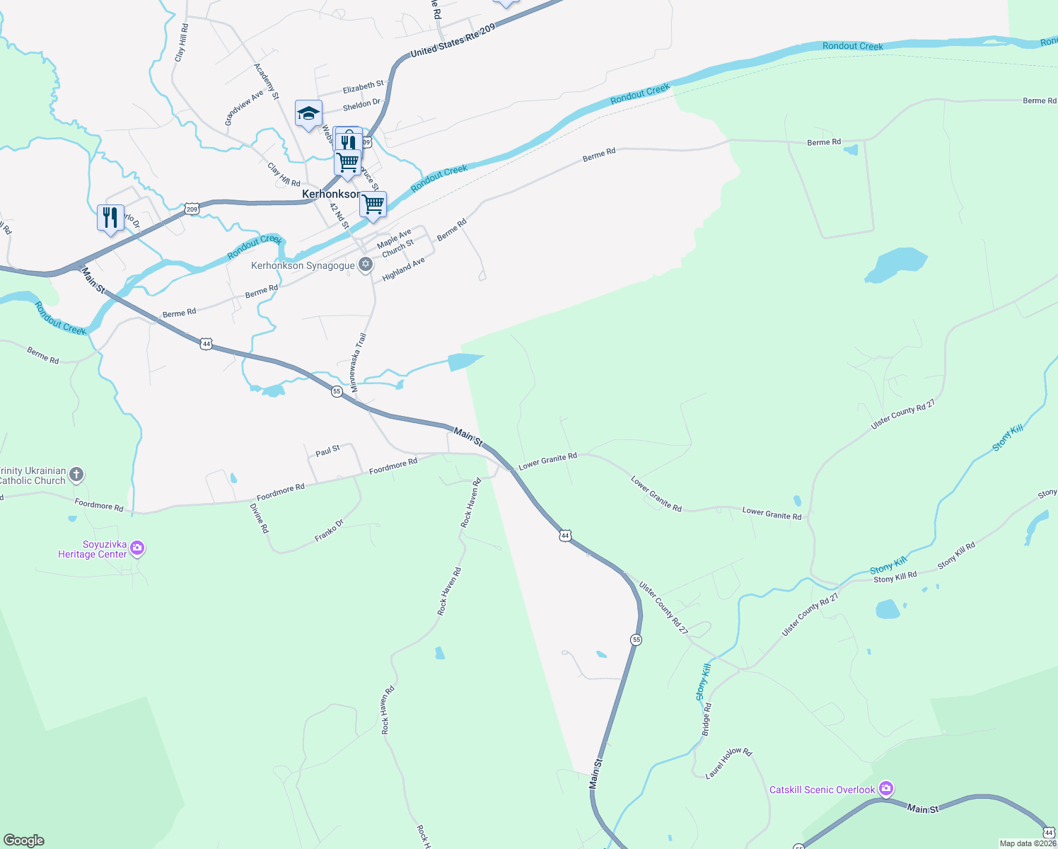 map of restaurants, bars, coffee shops, grocery stores, and more near 30 Sherman Rd in Kerhonkson