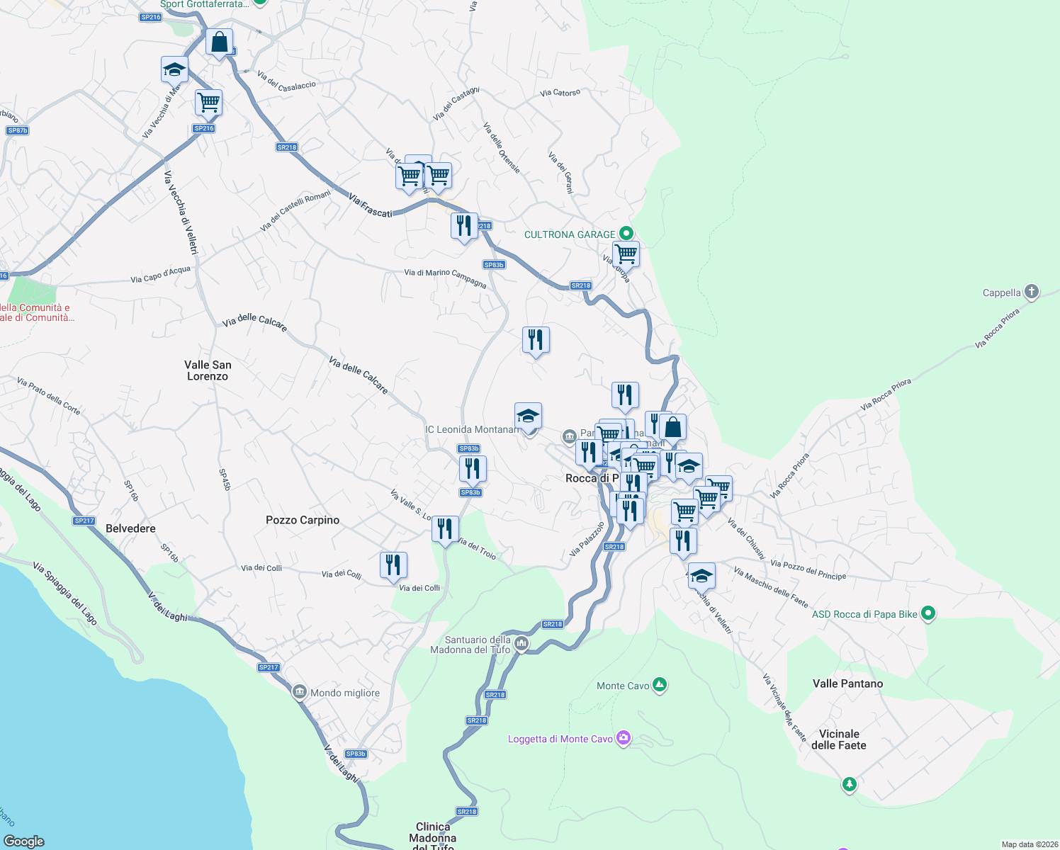 map of restaurants, bars, coffee shops, grocery stores, and more near 2 Via di Marino in Rocca di Papa