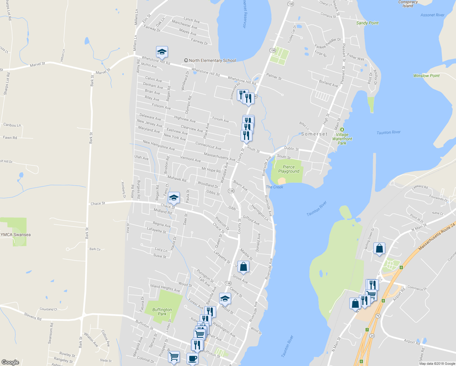 map of restaurants, bars, coffee shops, grocery stores, and more near 2359 County Street in Somerset