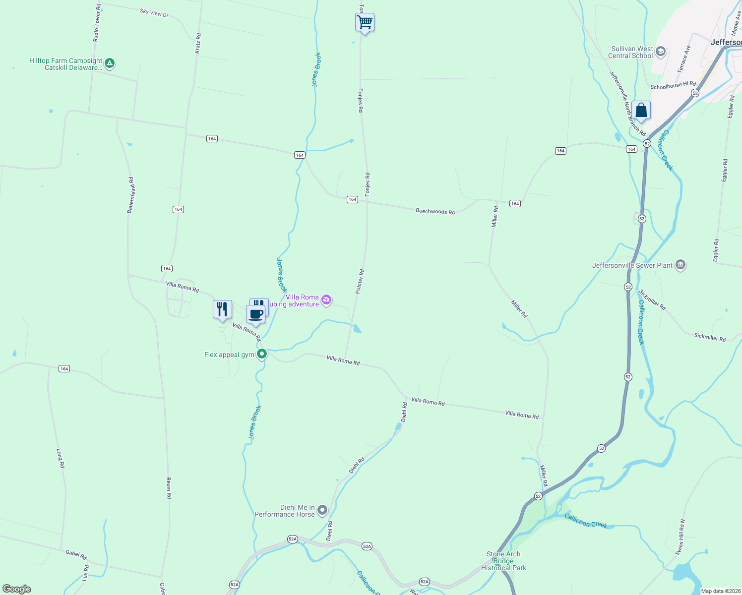 map of restaurants, bars, coffee shops, grocery stores, and more near 58 Polster Road in Callicoon