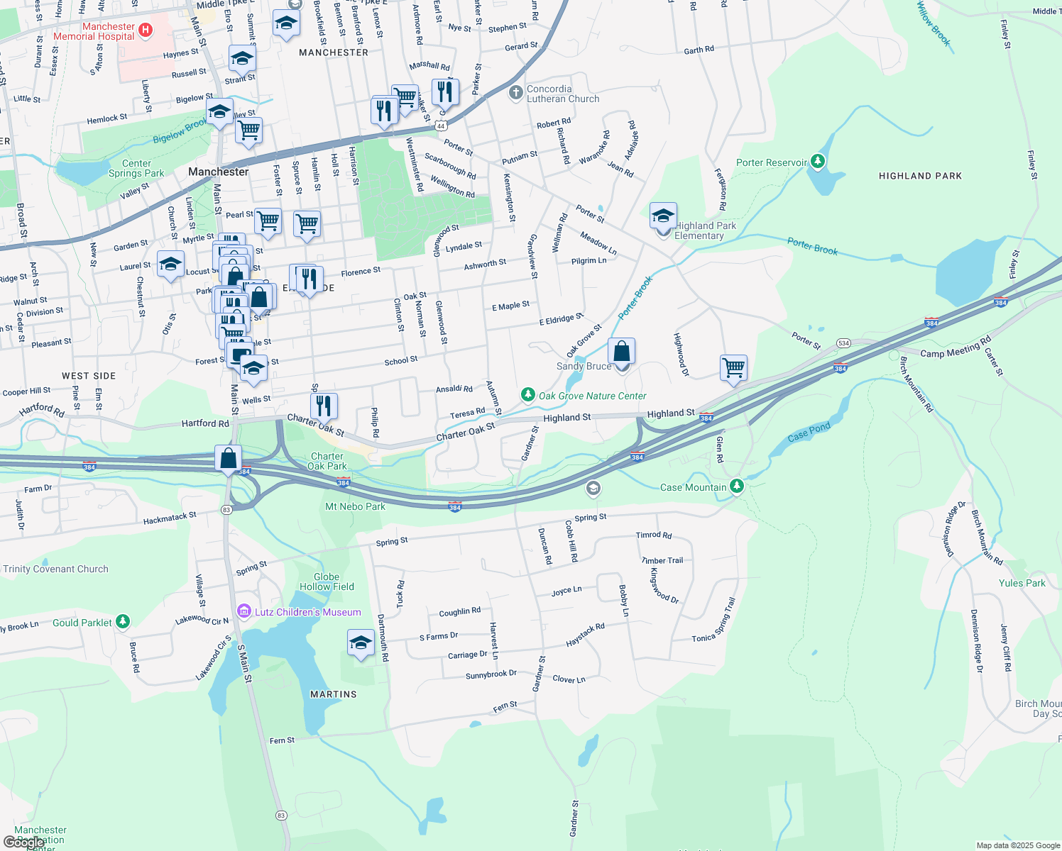 map of restaurants, bars, coffee shops, grocery stores, and more near 10 Gardner Street in Manchester
