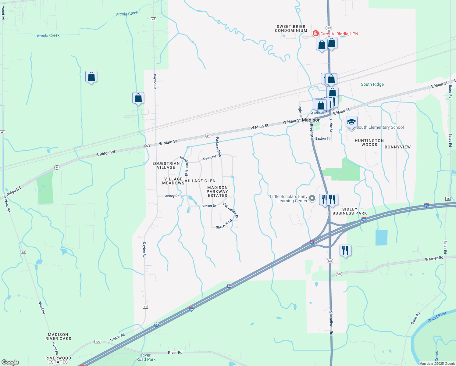 map of restaurants, bars, coffee shops, grocery stores, and more near 640 Park Oval in Madison