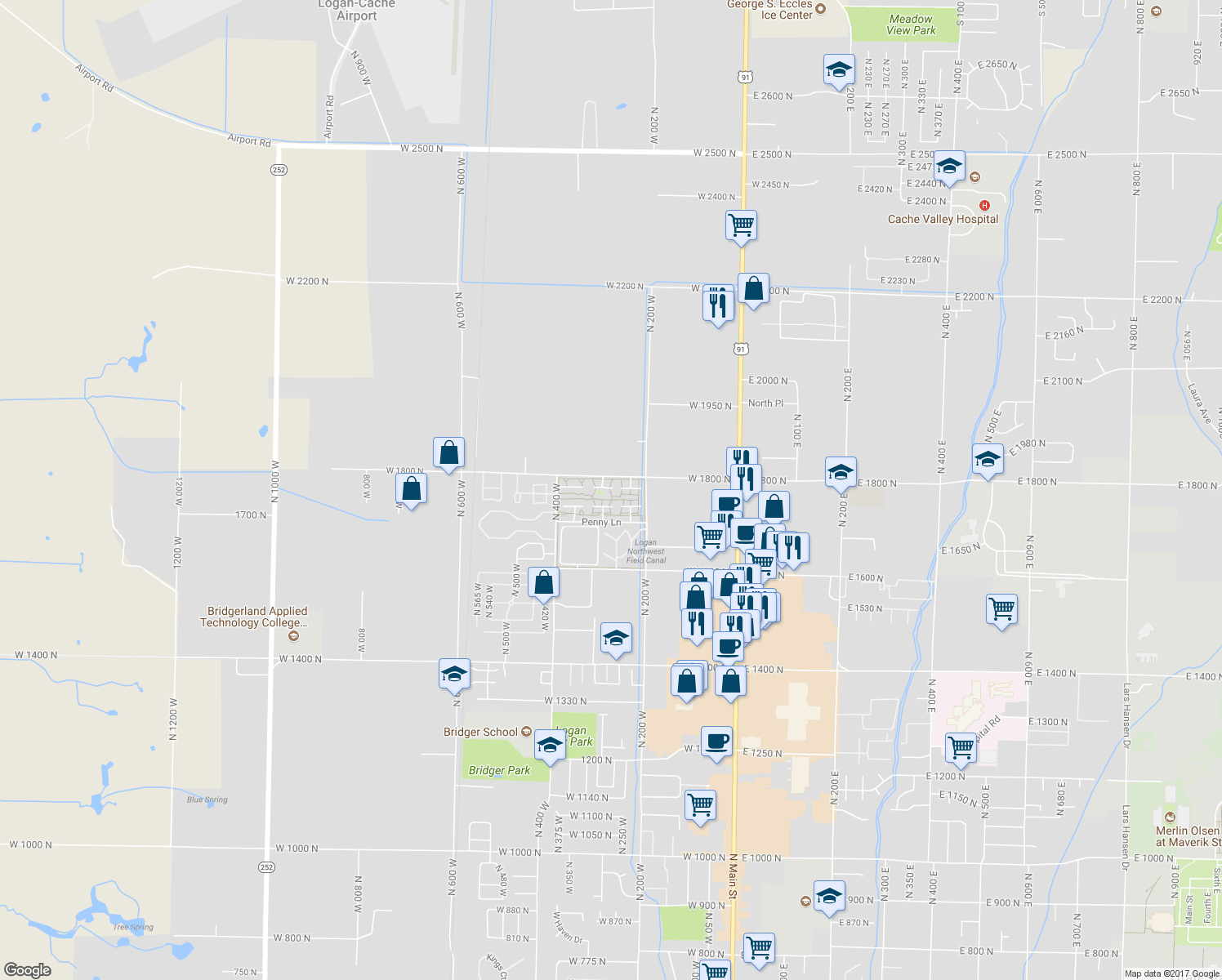 map of restaurants, bars, coffee shops, grocery stores, and more near 49 Kensington Place in Logan