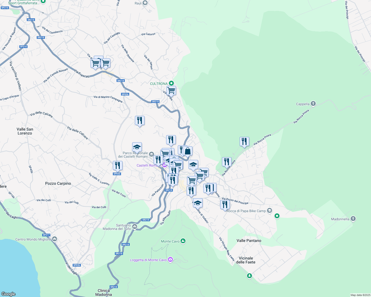 map of restaurants, bars, coffee shops, grocery stores, and more near 267 Via Frascati in Rocca di Papa