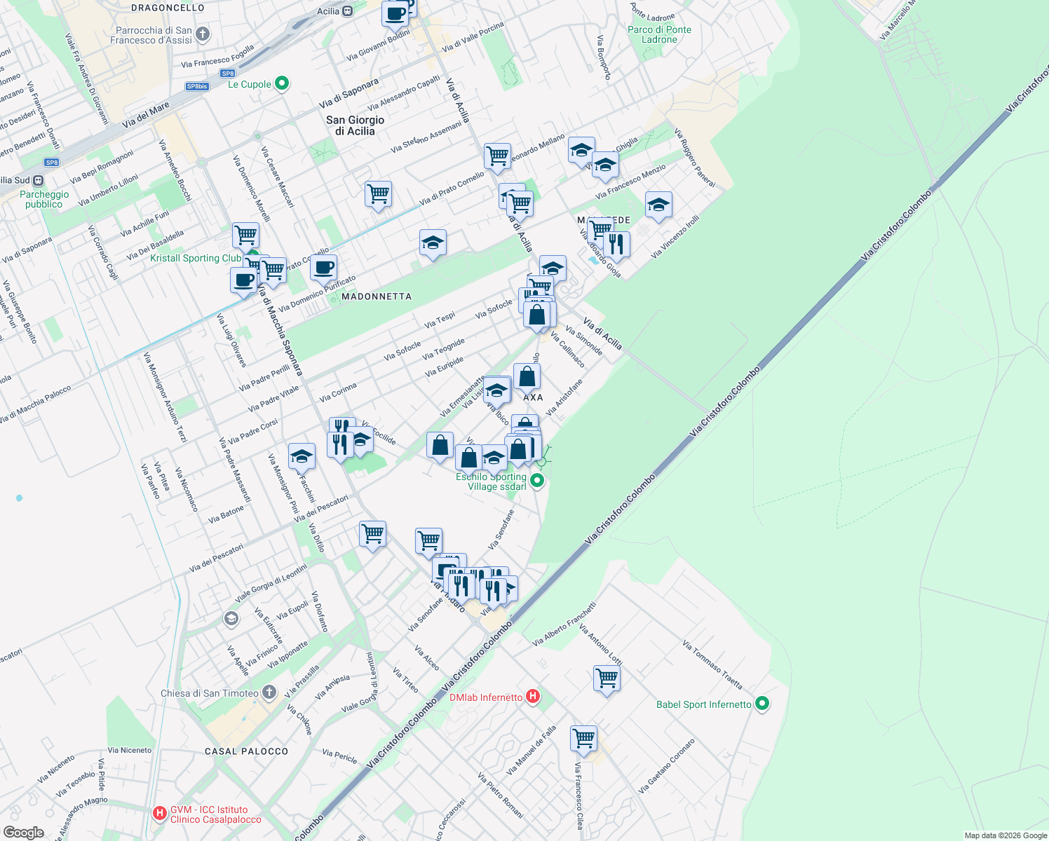 map of restaurants, bars, coffee shops, grocery stores, and more near 96 Via Aristofane in Città metropolitana di Roma Capitale