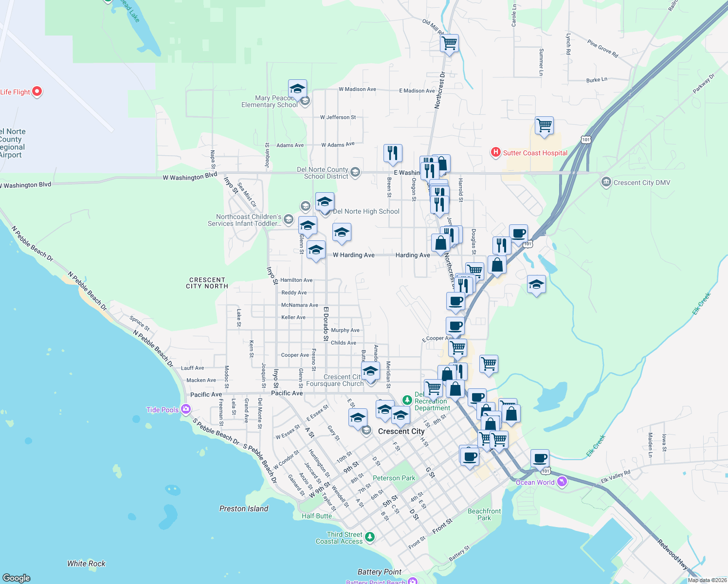 map of restaurants, bars, coffee shops, grocery stores, and more near 261 Ruchong Lane in Crescent City