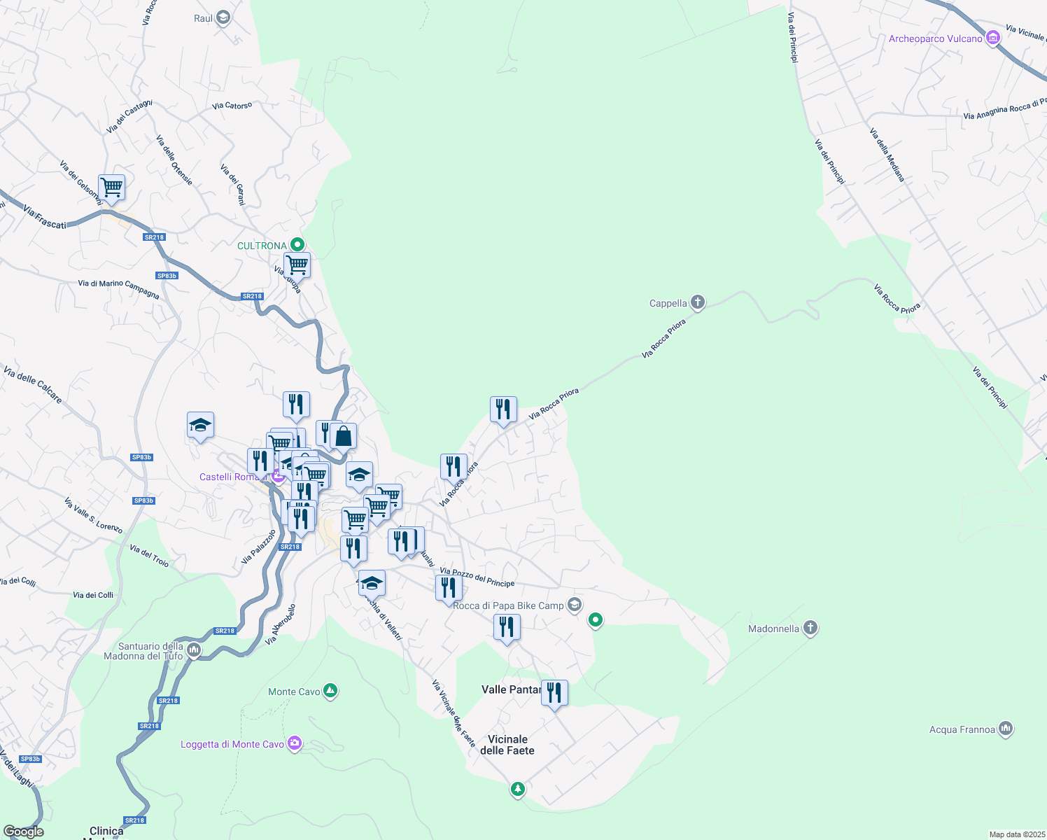 map of restaurants, bars, coffee shops, grocery stores, and more near 73 Via Rocca Priora in Rocca di Papa