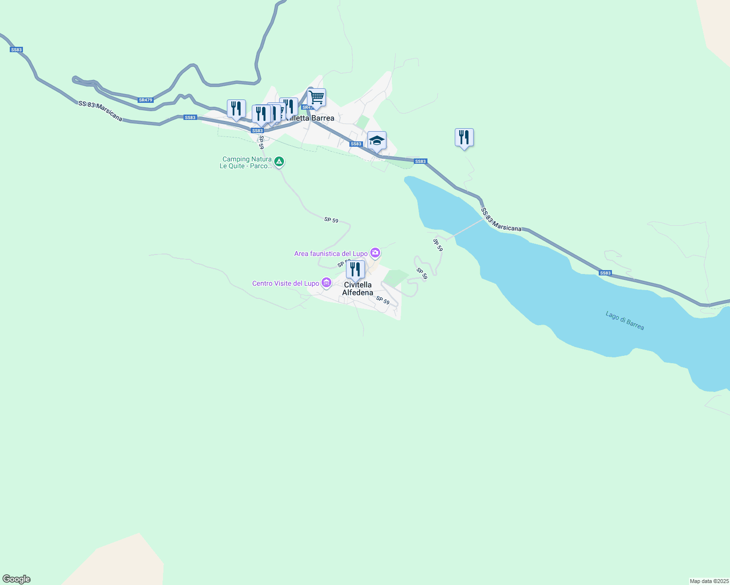 map of restaurants, bars, coffee shops, grocery stores, and more near 290 Via Nazionale in Civitella Alfedena