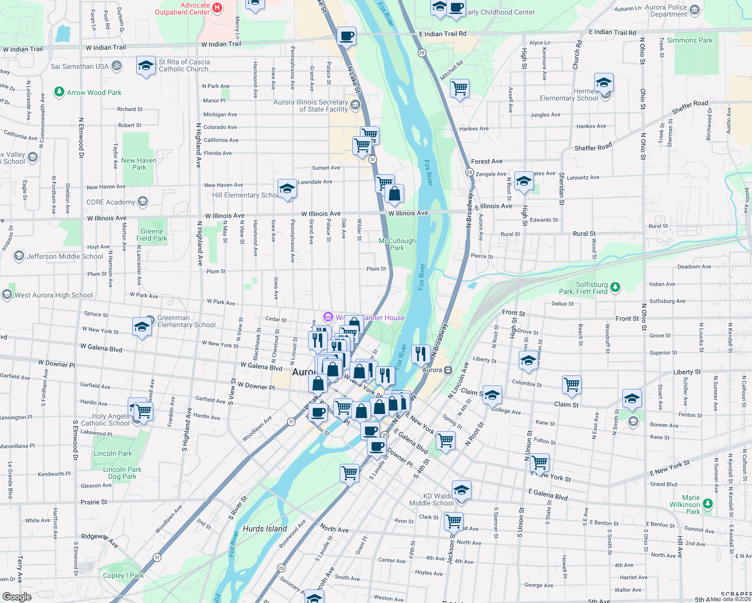 map of restaurants, bars, coffee shops, grocery stores, and more near 426 North Lake Street in Aurora