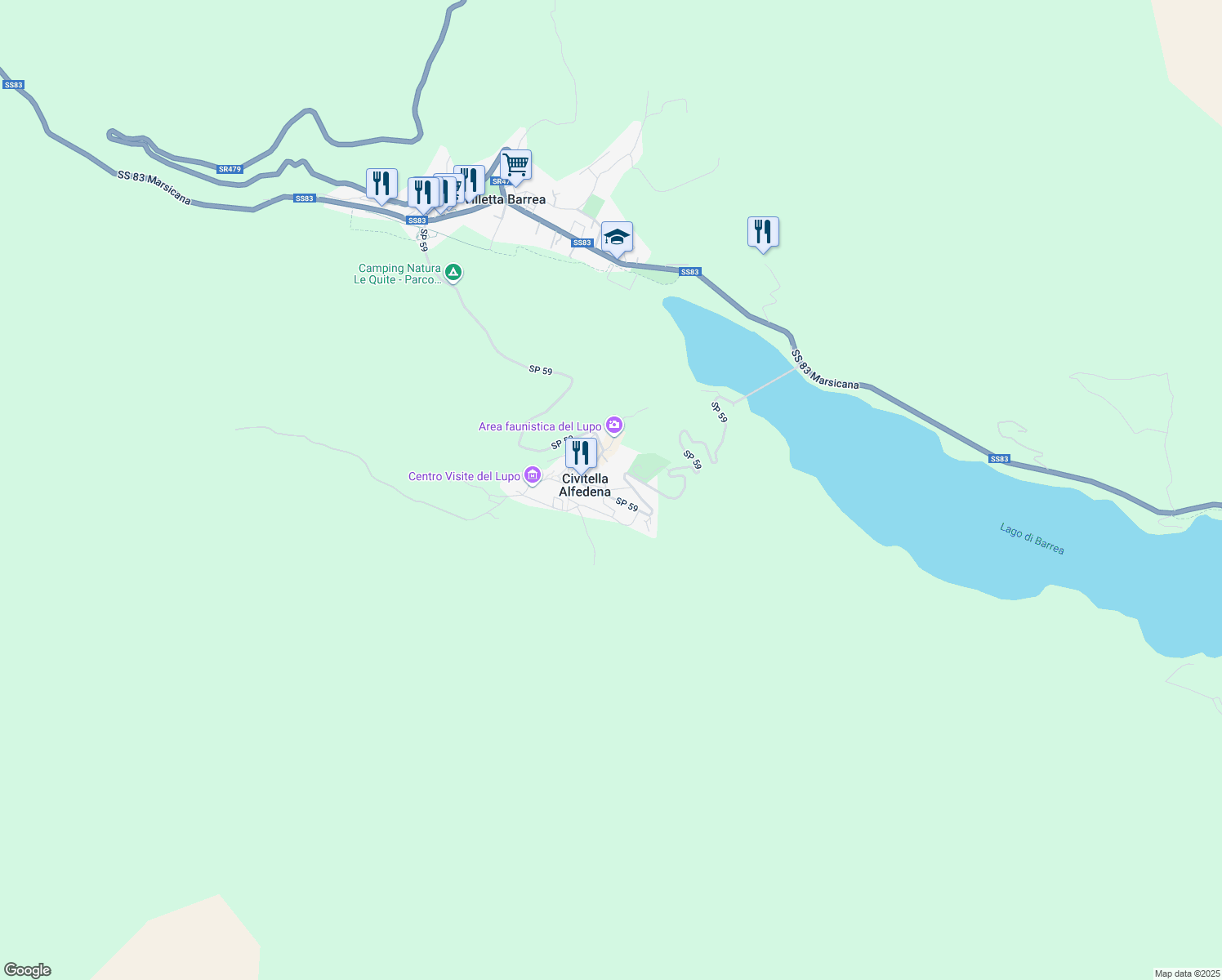 map of restaurants, bars, coffee shops, grocery stores, and more near 290 Via Nazionale in Civitella Alfedena