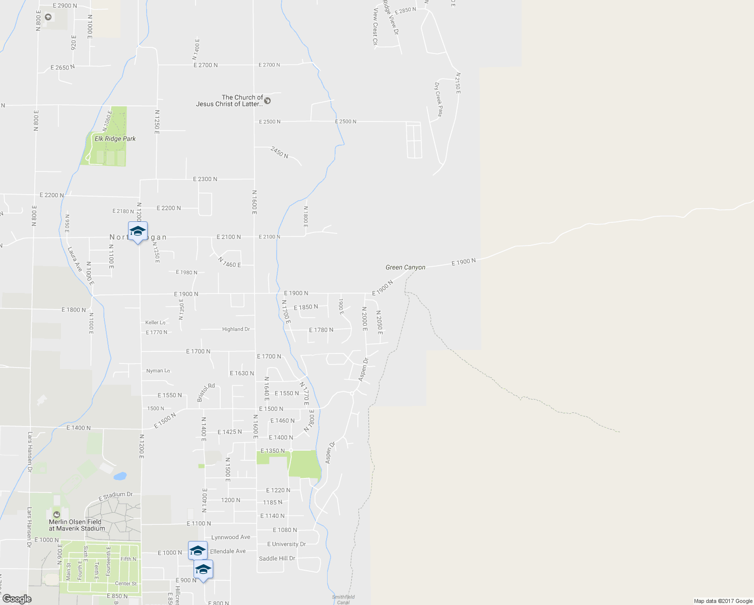 map of restaurants, bars, coffee shops, grocery stores, and more near 2517 North 2050 East in North Logan