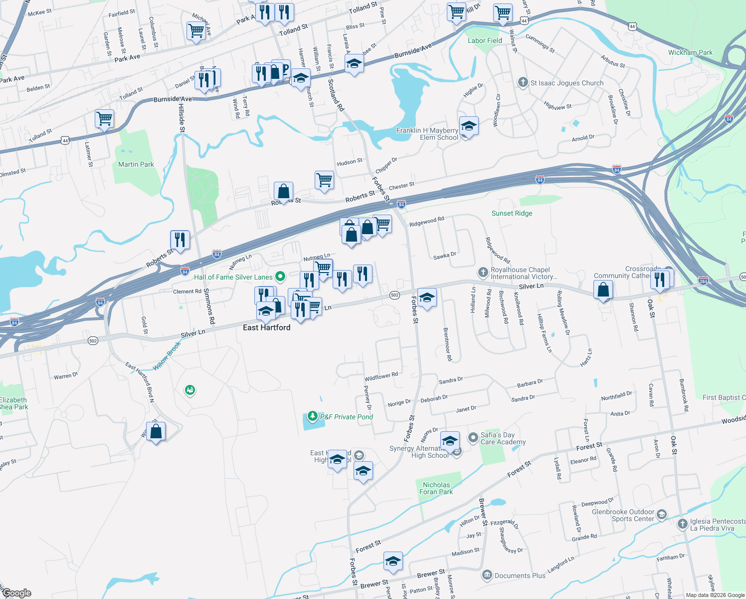 map of restaurants, bars, coffee shops, grocery stores, and more near 891 Silver Ln in East Hartford