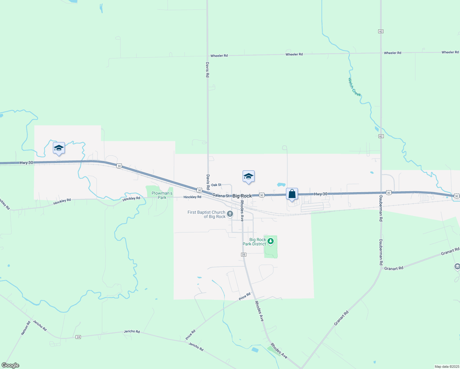 map of restaurants, bars, coffee shops, grocery stores, and more near 201 Oak Street in Big Rock