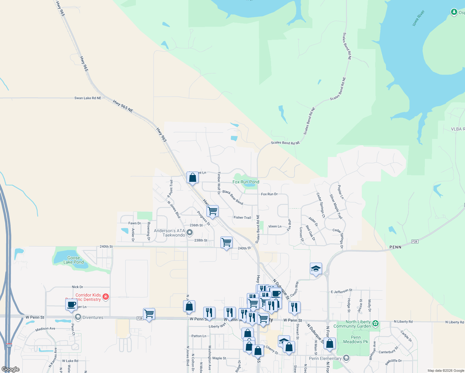 map of restaurants, bars, coffee shops, grocery stores, and more near 790 Fox Valley Dr in North Liberty