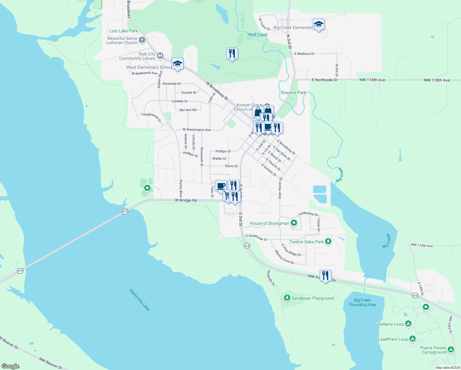 map of restaurants, bars, coffee shops, grocery stores, and more near 832 Edgewater Drive in Polk City