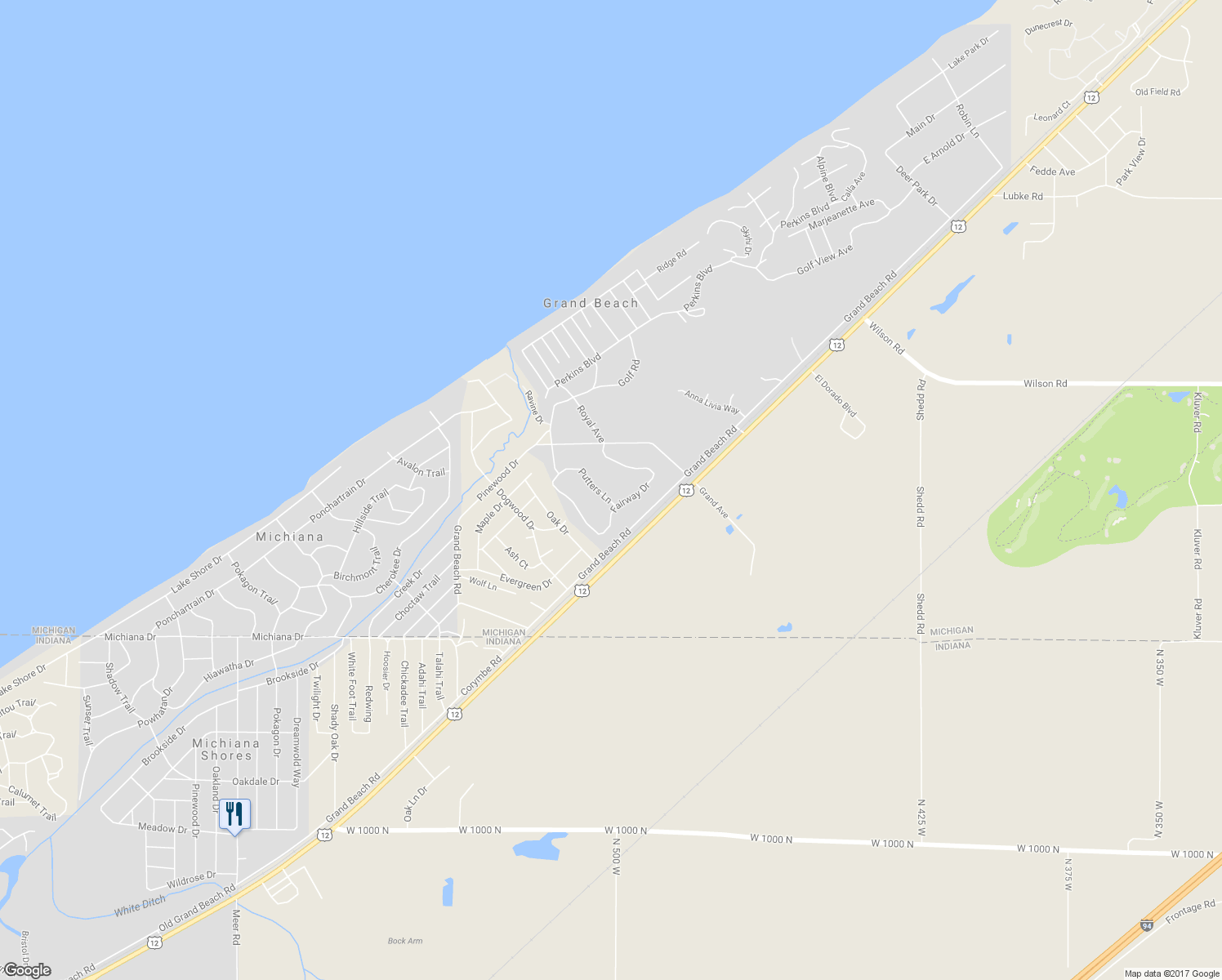map of restaurants, bars, coffee shops, grocery stores, and more near 45315 Putters Lane in Grand Beach
