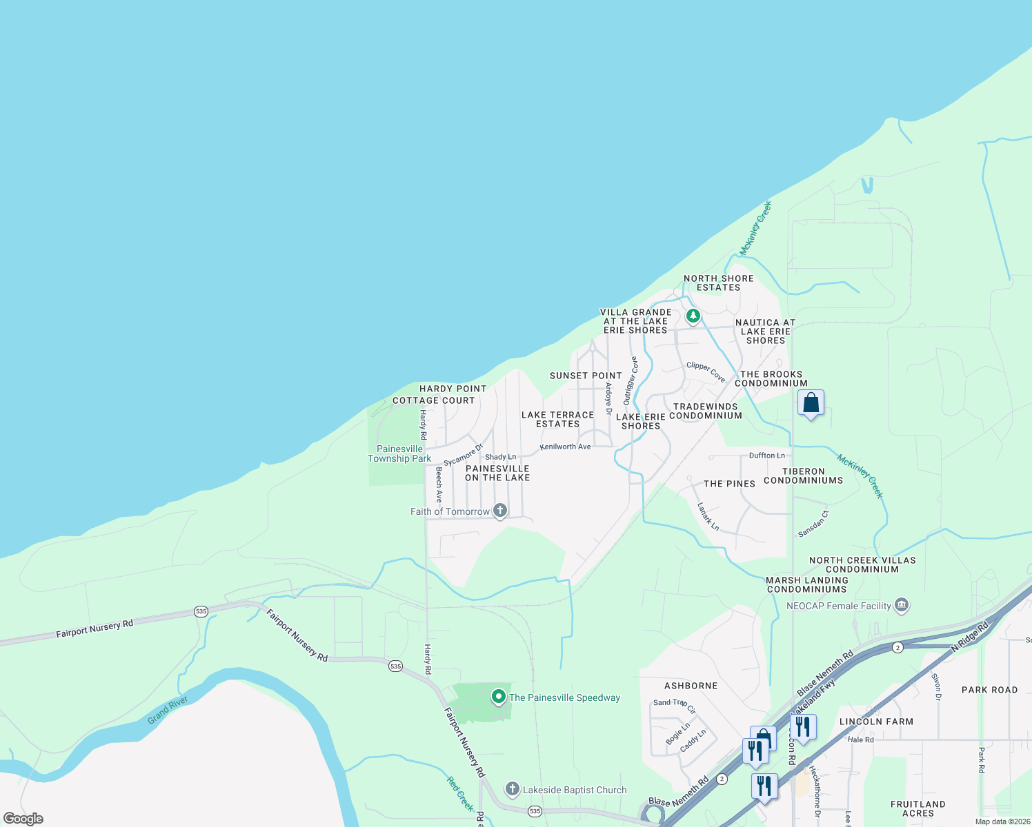 map of restaurants, bars, coffee shops, grocery stores, and more near 1013 Oakwood Boulevard in Painesville