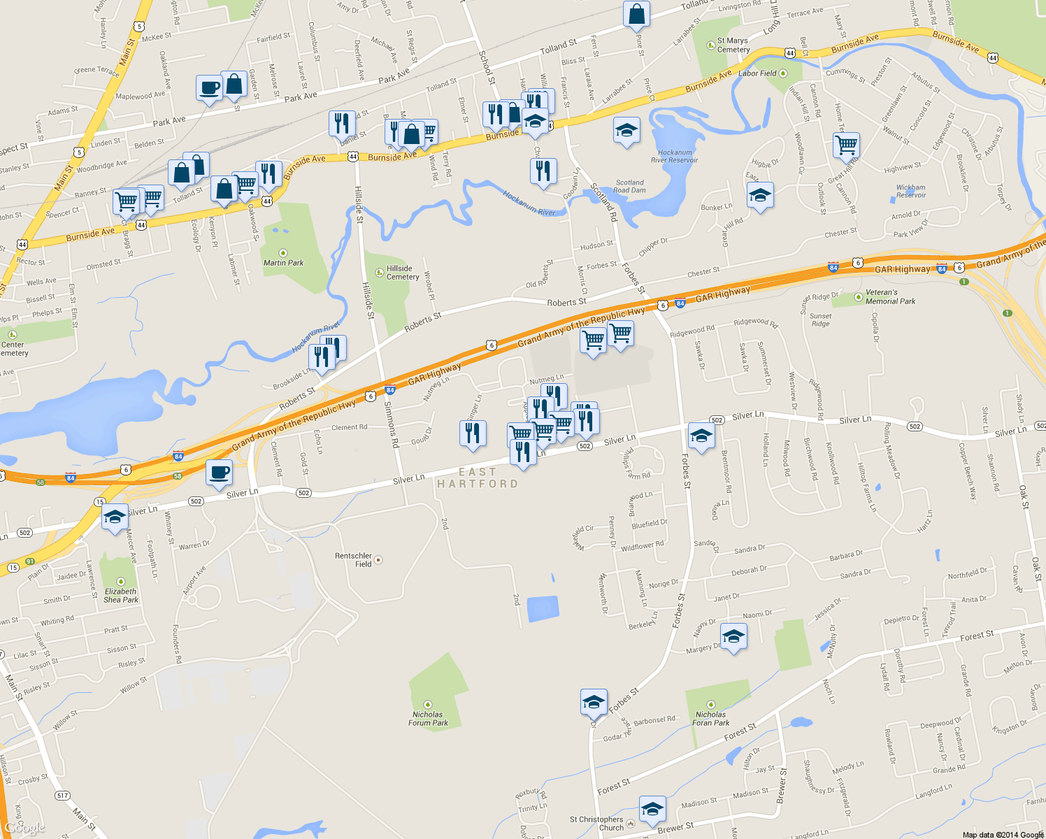 map of restaurants, bars, coffee shops, grocery stores, and more near 107 Applegate Lane in East Hartford