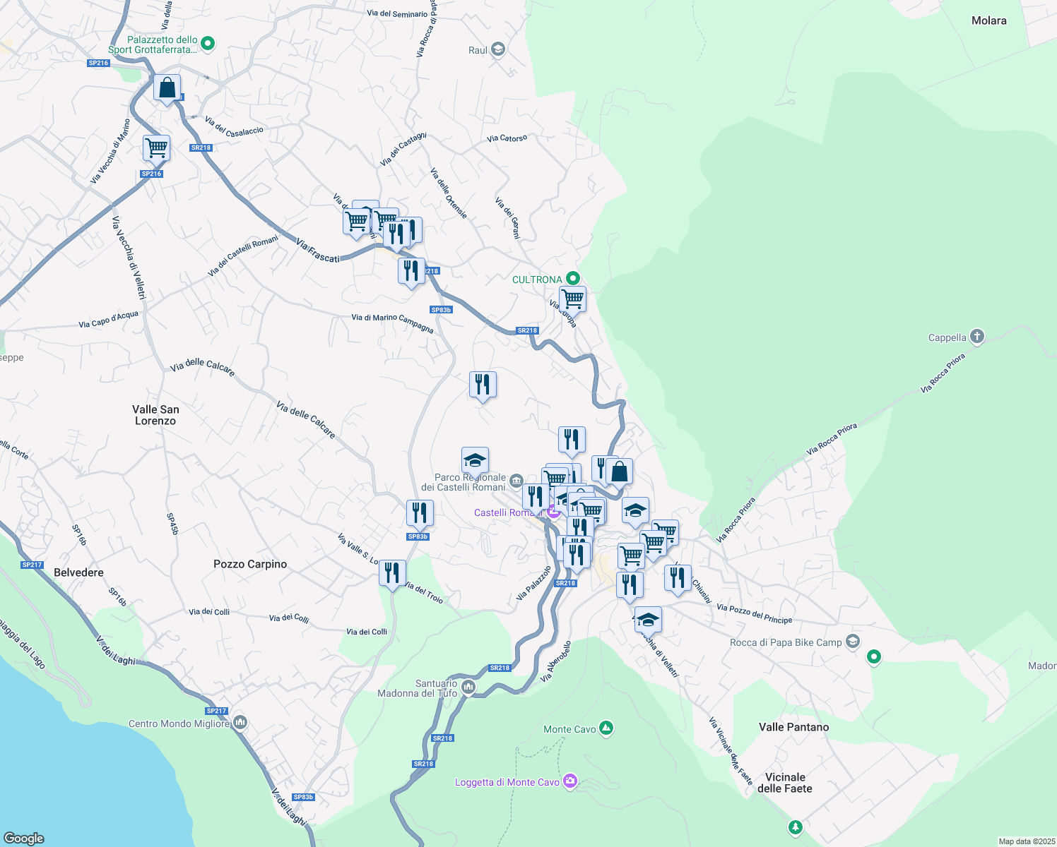map of restaurants, bars, coffee shops, grocery stores, and more near 25 Via Focicchia in Rocca di Papa