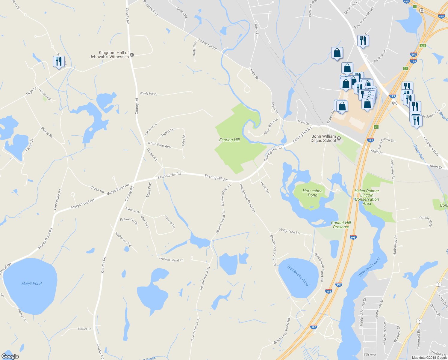 map of restaurants, bars, coffee shops, grocery stores, and more near 94 Fearing Hill Road in Wareham