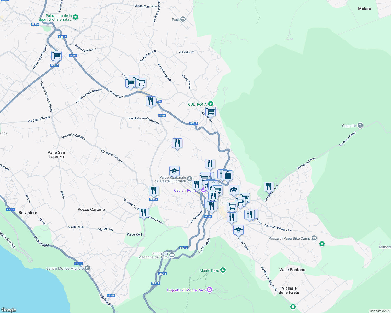 map of restaurants, bars, coffee shops, grocery stores, and more near 25 Via Focicchia in Rocca di Papa