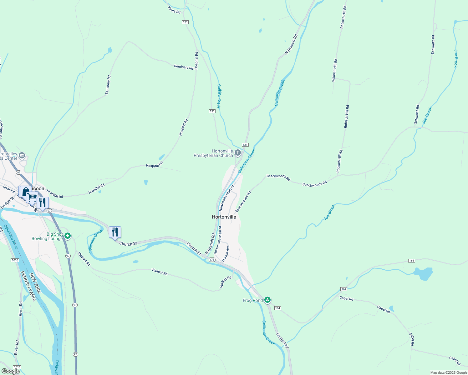 map of restaurants, bars, coffee shops, grocery stores, and more near 124 Hortonville Main Street in Callicoon